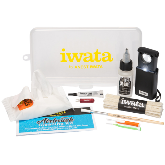 Iwata Cleaning Kit with airbrush cleaning tools, brushes, swabs, and case for hobby airbrush care