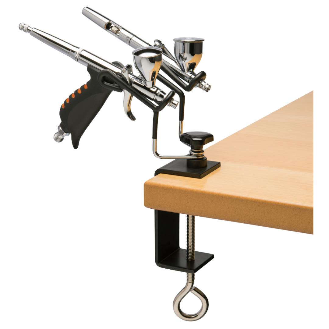 Iwata Universal Airbrush Holder clamp mount for two airbrushes compatible with gravity feed and trigger airbrush models