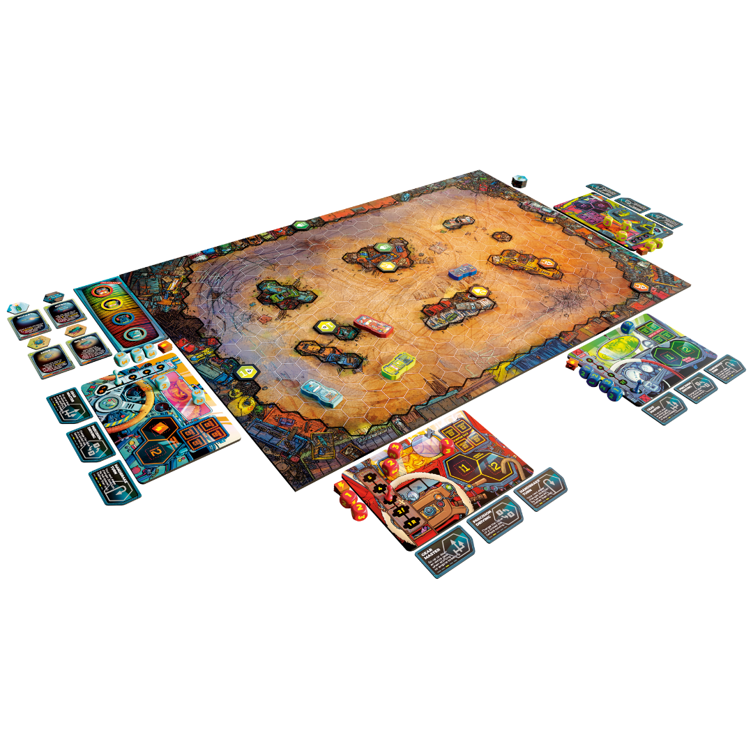 Joyride: Survival of the Fastest cars, dashboards, custom dice, and double-sided racetrack map displayed on table