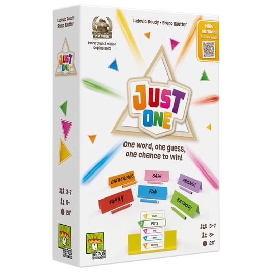 Just One Refresh edition party game box with updated design and word clue components