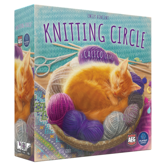 Knitting Circle board game box with yarn, cats, and cozy strategy theme