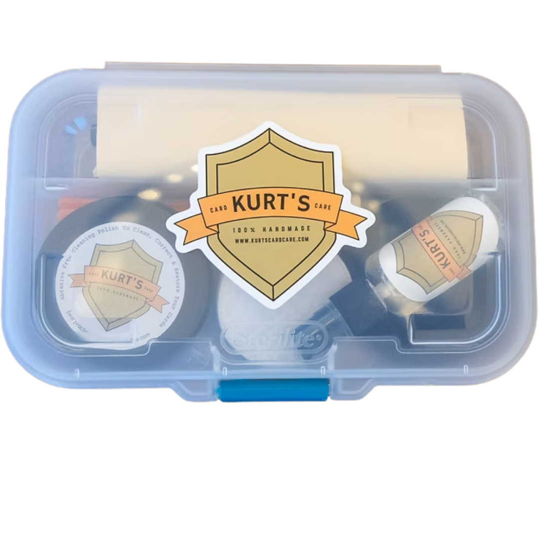 Kurt's Card Care Kit with card cleaning spray, polish, microfiber cloths, applicators, and card maintenance tools
