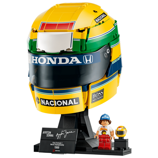 LEGO Ayrton Senna helmet display with signature plaque, Senna minifigure, and miniature helmet accessory