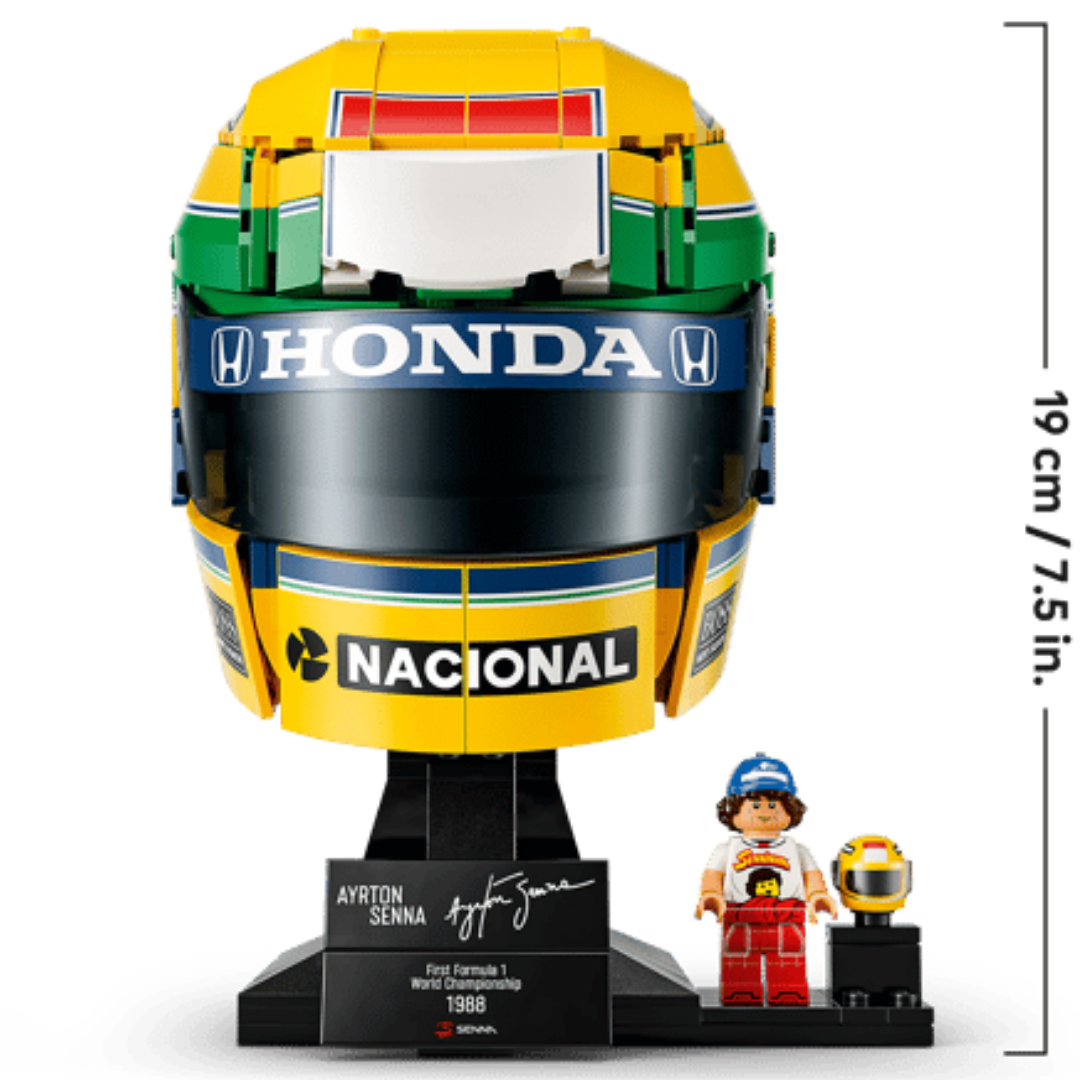 LEGO Ayrton Senna racing helmet model with Honda and Nacional details, display stand, minifigure, and helmet accessory