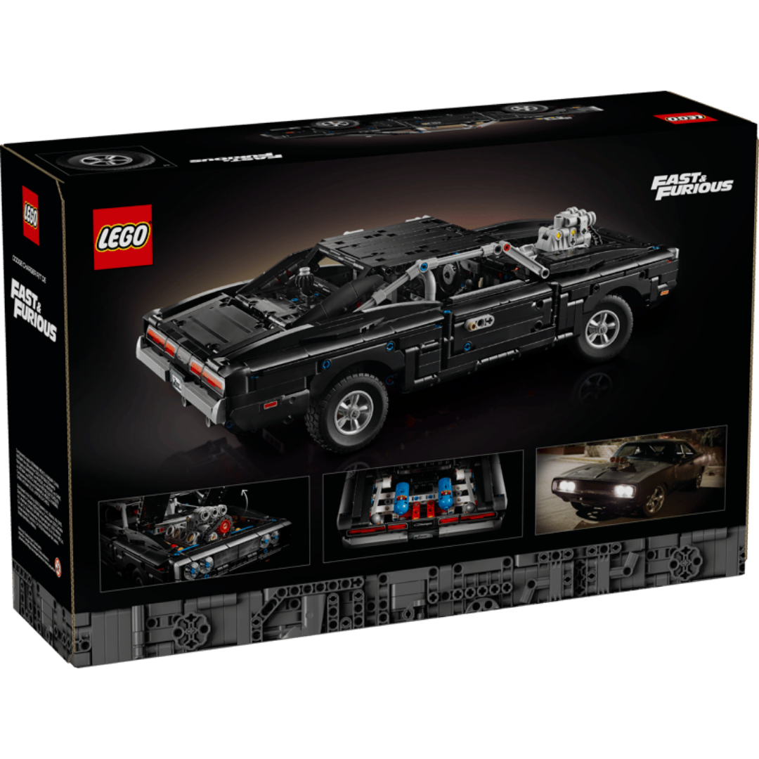Back of LEGO Dodge Charger R/T 42231 box showing the completed car, engine compartment, and rear NOS bottles