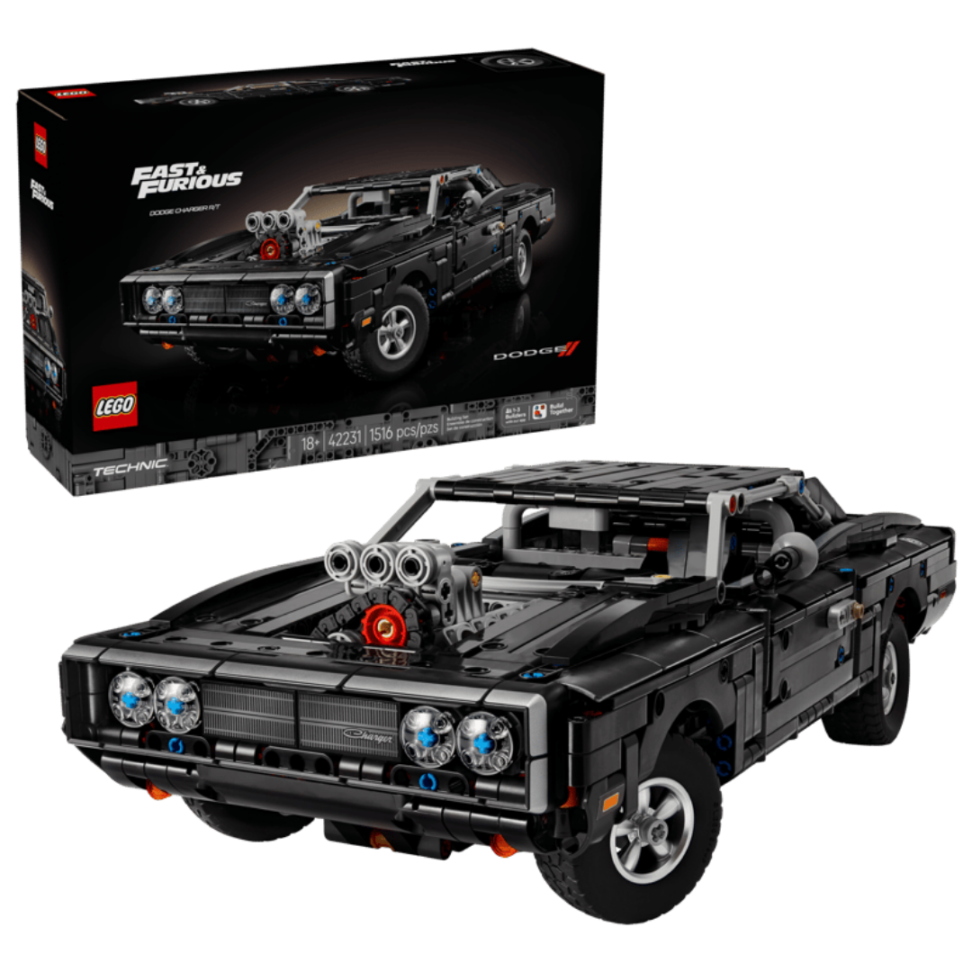 LEGO Technic Dodge Charger R/T 42231 completed black muscle car displayed with its Fast & Furious retail box