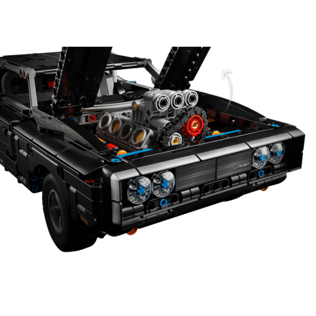 LEGO Technic Dodge Charger R/T 42231 with opened hood panels revealing the detailed supercharged engine