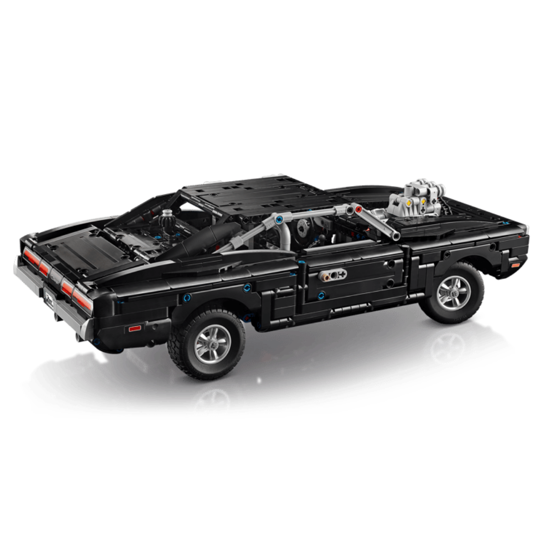 Rear view of LEGO Technic Dodge Charger R/T 42231 showing black bodywork, rear lights, wheels, and exposed engine