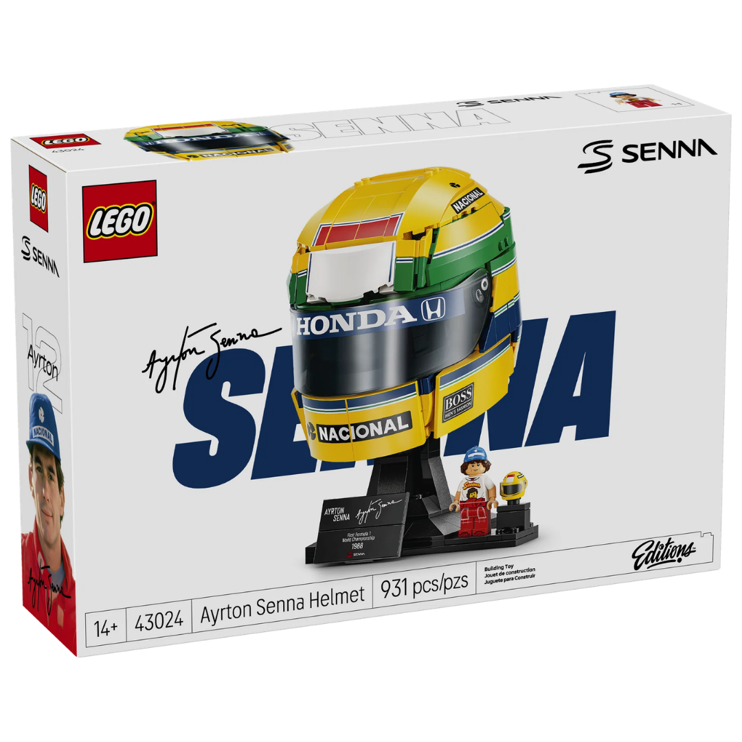 LEGO Editions Ayrton Senna Helmet 43024 Formula 1 display set with 931 pieces and minifigure.