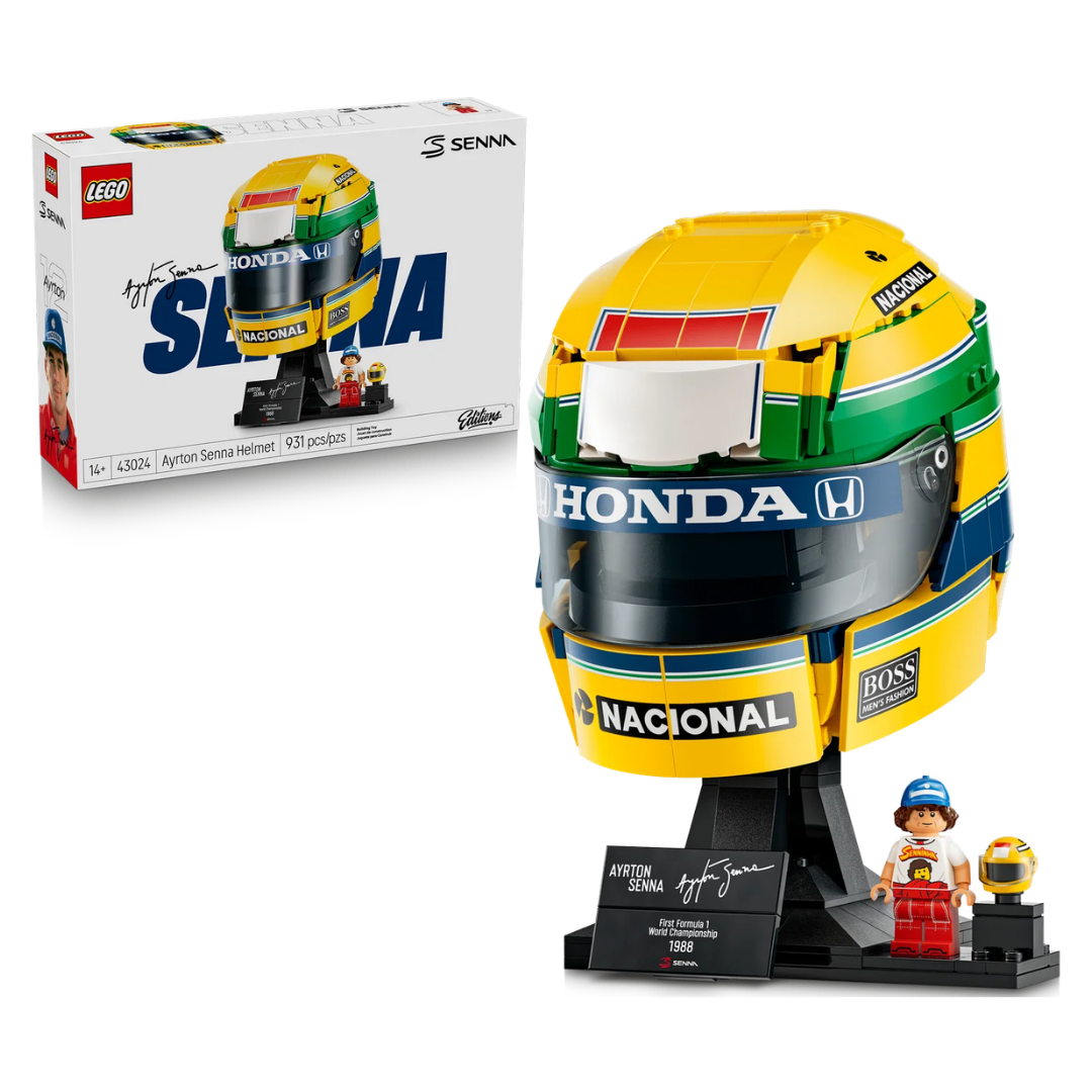 LEGO Editions Ayrton Senna Helmet 43024 Formula 1 display set with 931 pieces and minifigure.