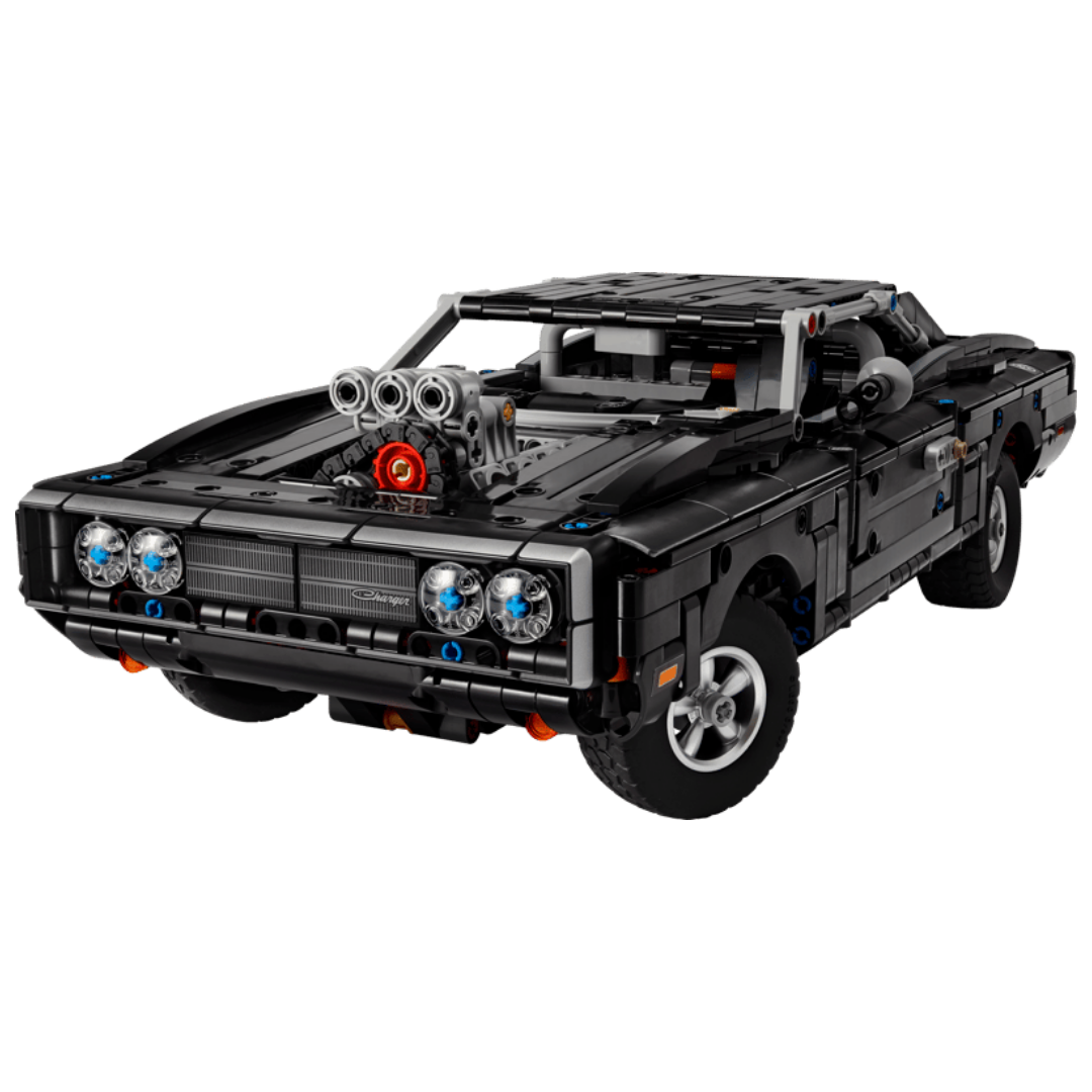 LEGO Technic Dodge Charger R/T 42231 front view with four headlights, black grille, and exposed supercharger