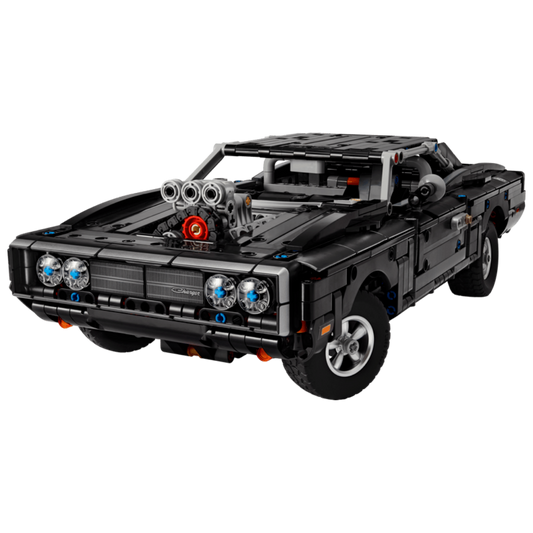 LEGO Technic Dodge Charger R/T 42231 front view with four headlights, black grille, and exposed supercharger