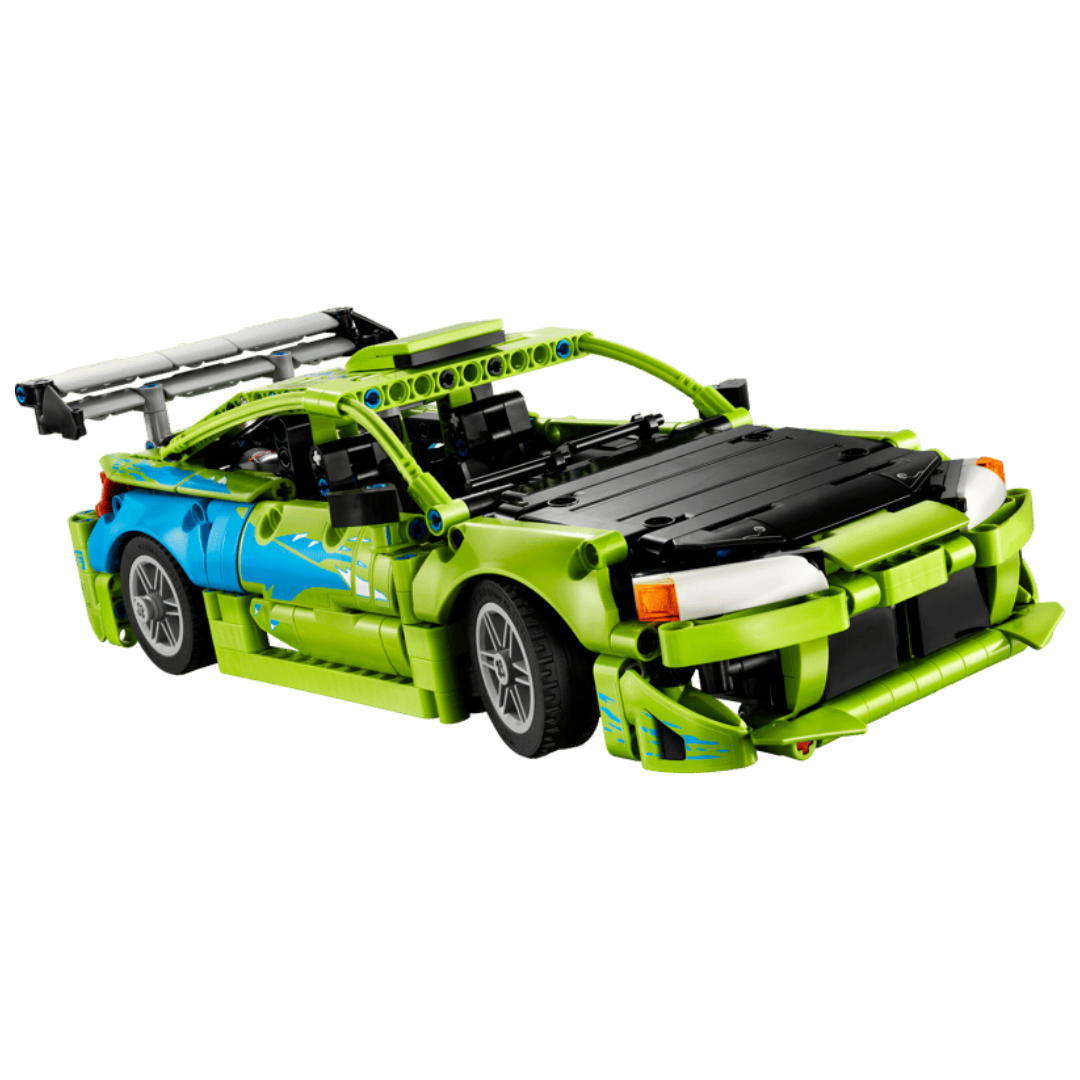 LEGO Technic Mitsubishi Eclipse 42229 in green and blue with rear wing, racing modifications and detailed bodywork