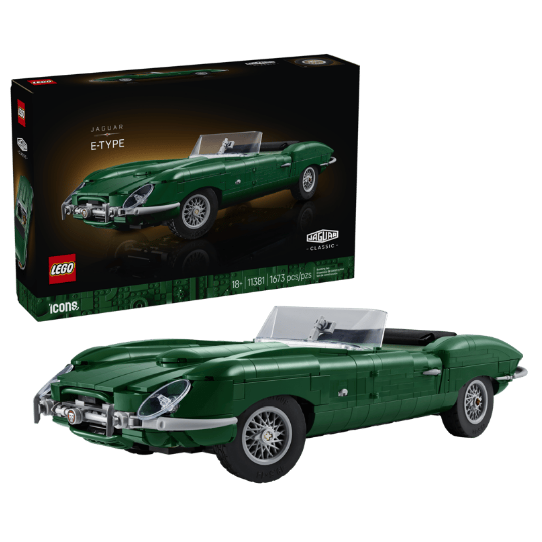 LEGO Icons Jaguar E-Type 11381 retail box displayed beside the completed classic green convertible model