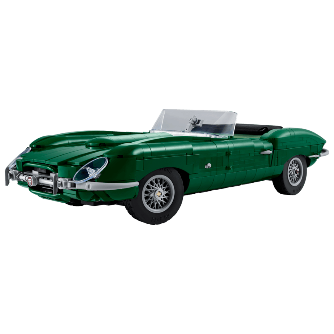 LEGO Icons Jaguar E-Type 11381 classic green convertible with wire-style rims, detailed cockpit, and chrome trim