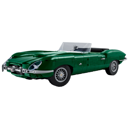 LEGO Icons Jaguar E-Type 11381 classic green convertible with wire-style rims, detailed cockpit, and chrome trim