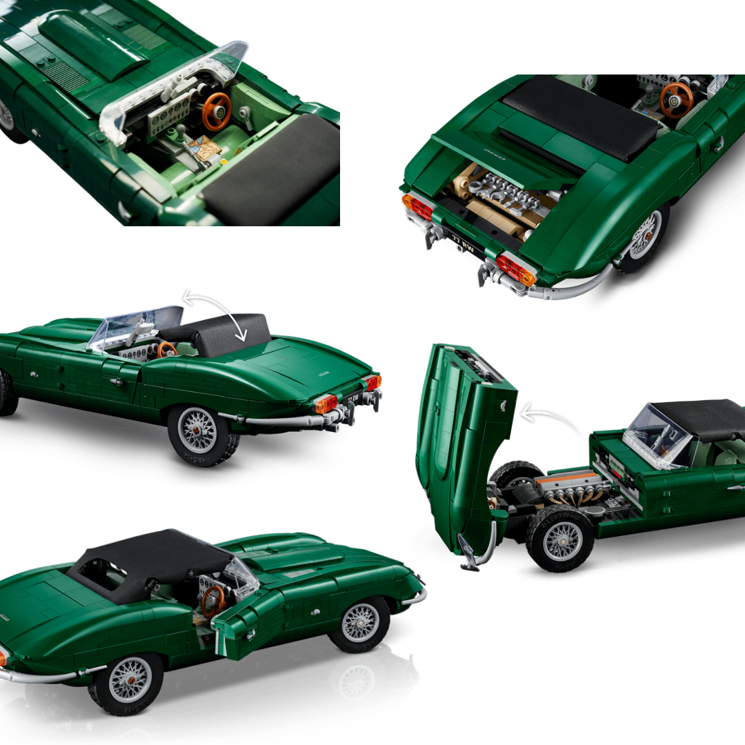 LEGO Jaguar E-Type 11381 showing the opening hood, inline-6 engine, cockpit, folding roof, doors, and trunk storage