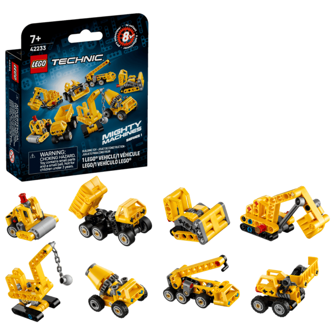 LEGO Technic Mighty Machines Series 1 package with all eight yellow construction vehicles displayed