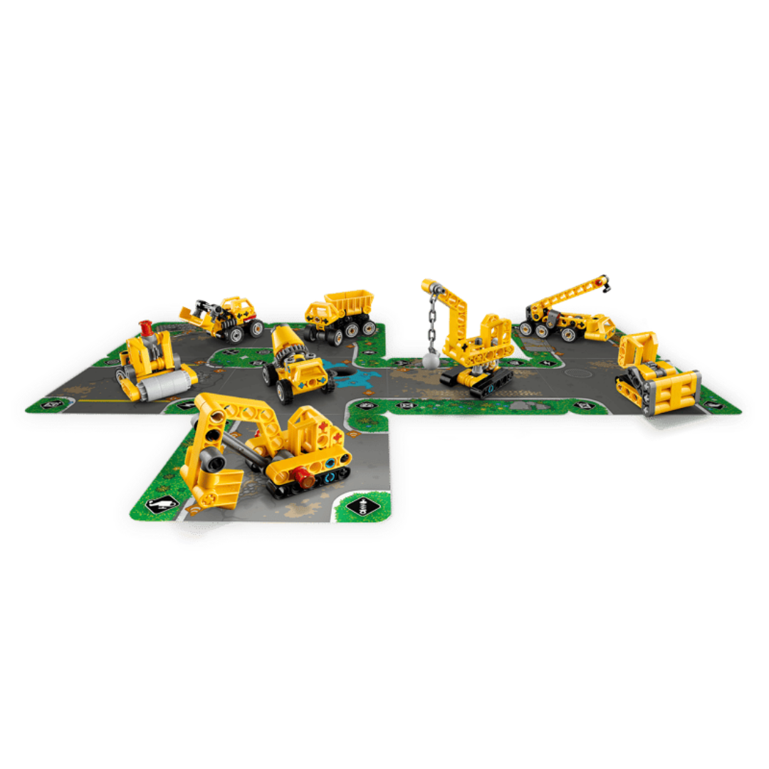 Complete LEGO Mighty Machines Series 1 collection displayed across eight connected construction road cards