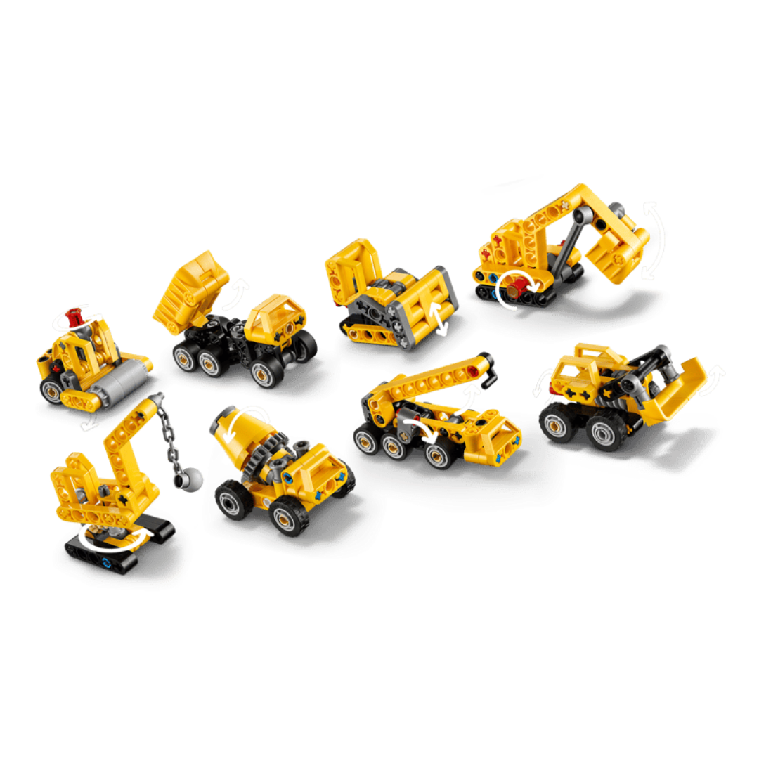 Eight LEGO Technic Mighty Machines showing movable rollers, buckets, cranes, booms, and drums