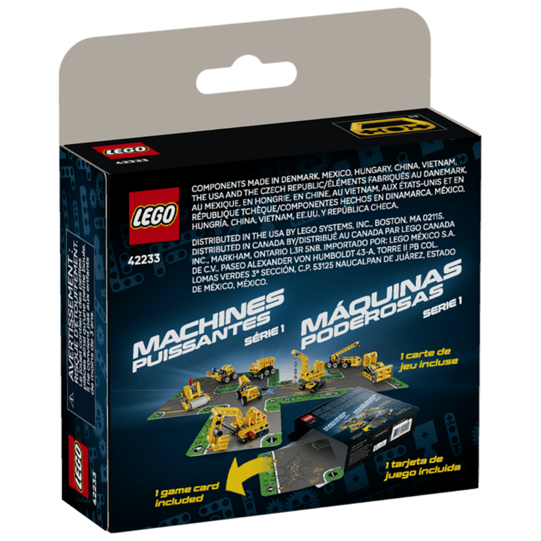 Back of LEGO Technic Mighty Machines 42233 packaging showing eight vehicles and the connecting road game cards