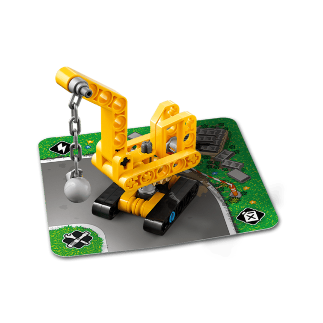 LEGO Technic Mighty Machines wrecking ball crane displayed on its collectible road game card