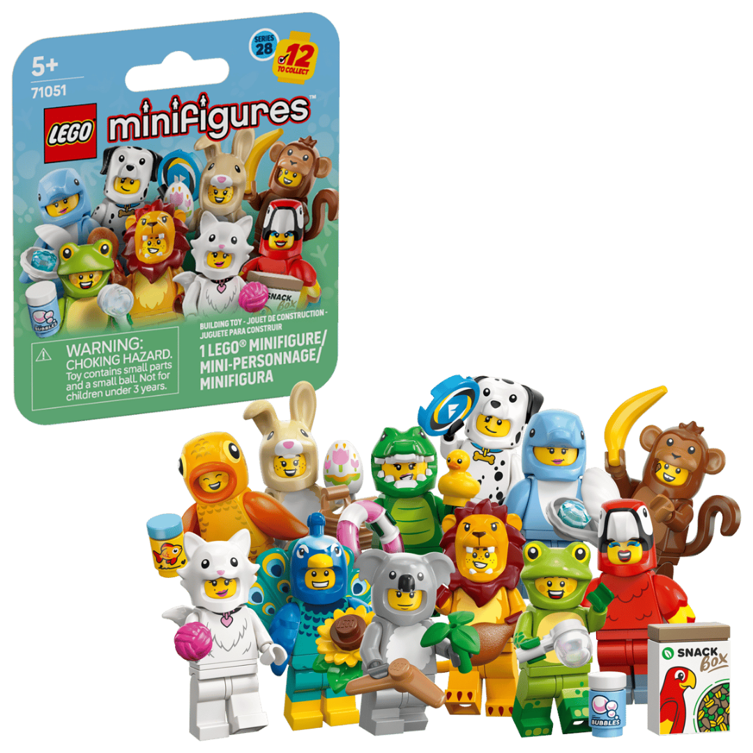 Group of 12 LEGO Minifigures Series 28 animal-costume characters with colourful themed accessories