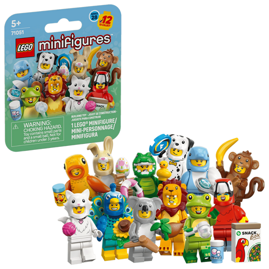 Group of 12 LEGO Minifigures Series 28 animal-costume characters with colourful themed accessories