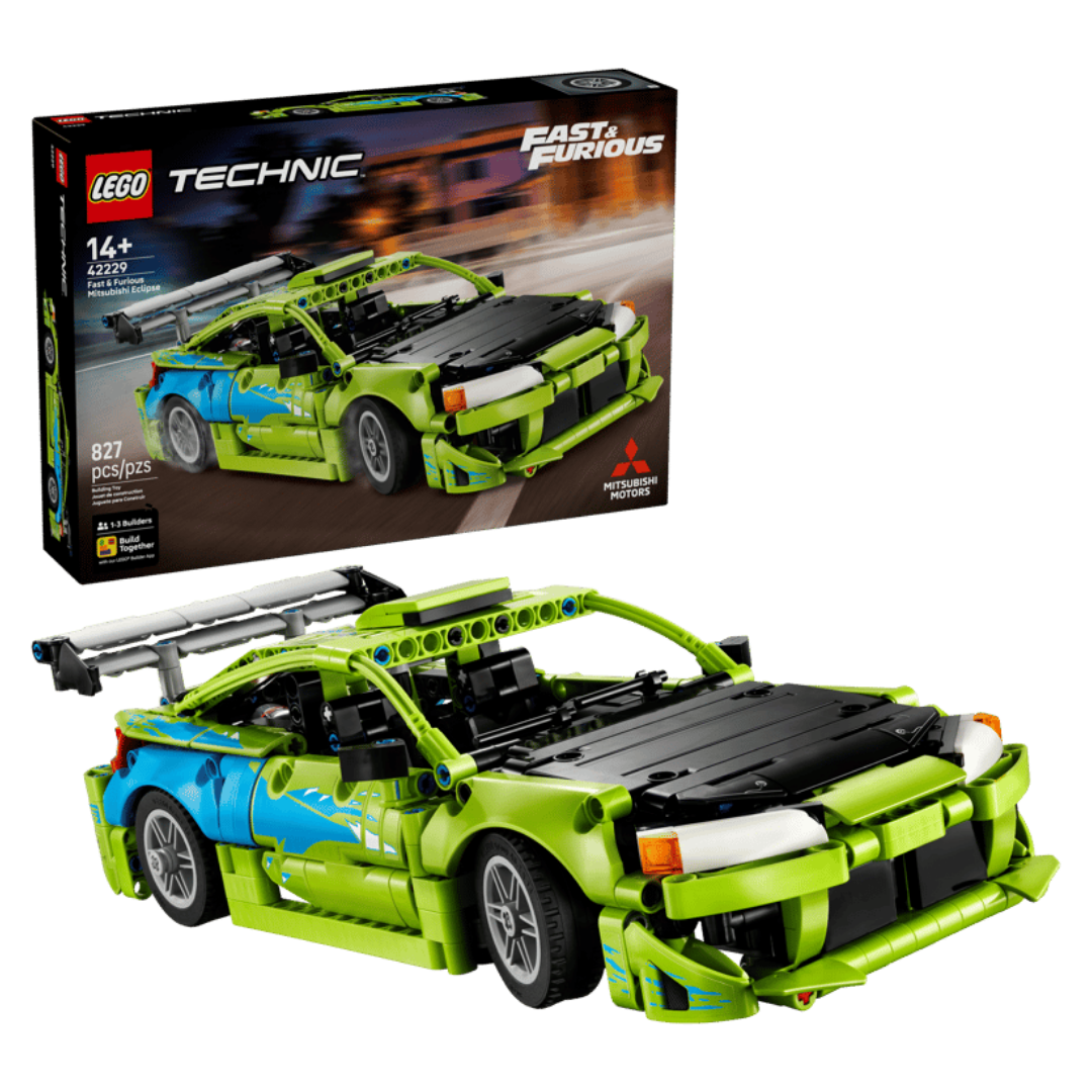 LEGO Technic Fast & Furious Mitsubishi Eclipse 42229 completed car displayed with its retail box