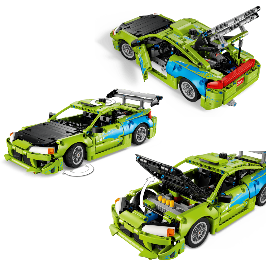LEGO Mitsubishi Eclipse 42229 showing working steering, opening hood, moving pistons, doors, trunk and NOS bottles