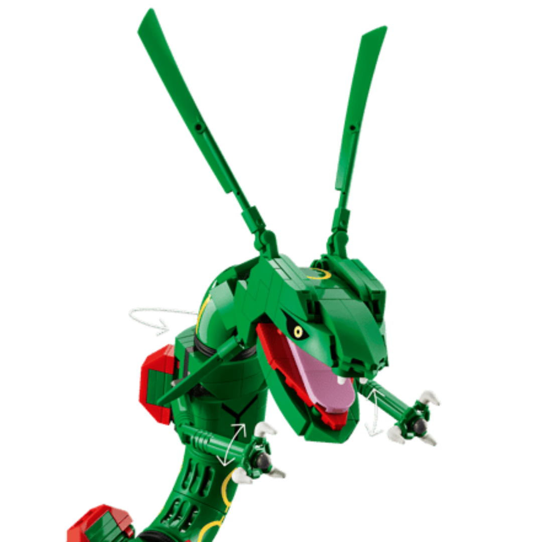 Close-up of LEGO Pokemon Rayquaza 72168 showing its movable head, mouth, arms, hands, and body sections