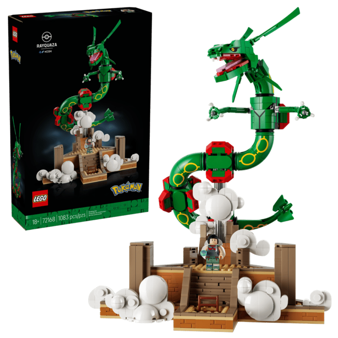 LEGO Pokemon Rayquaza 72168 retail box beside the completed Sky Pillar display with Zinnia minifigure
