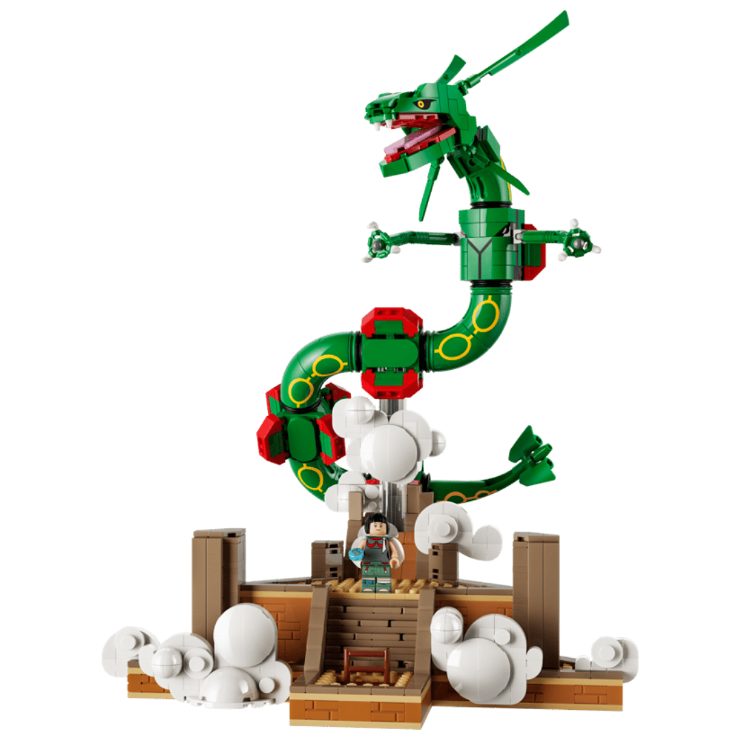 LEGO Pokemon Rayquaza 72168 posed above the cloud-covered Sky Pillar base with Zinnia minifigure