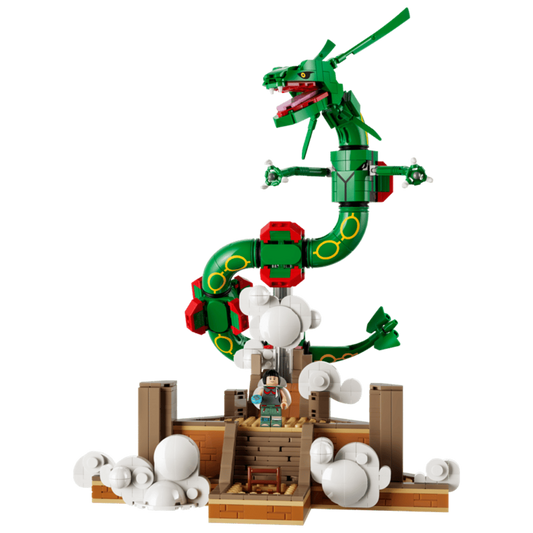 LEGO Pokemon Rayquaza 72168 posed above the cloud-covered Sky Pillar base with Zinnia minifigure