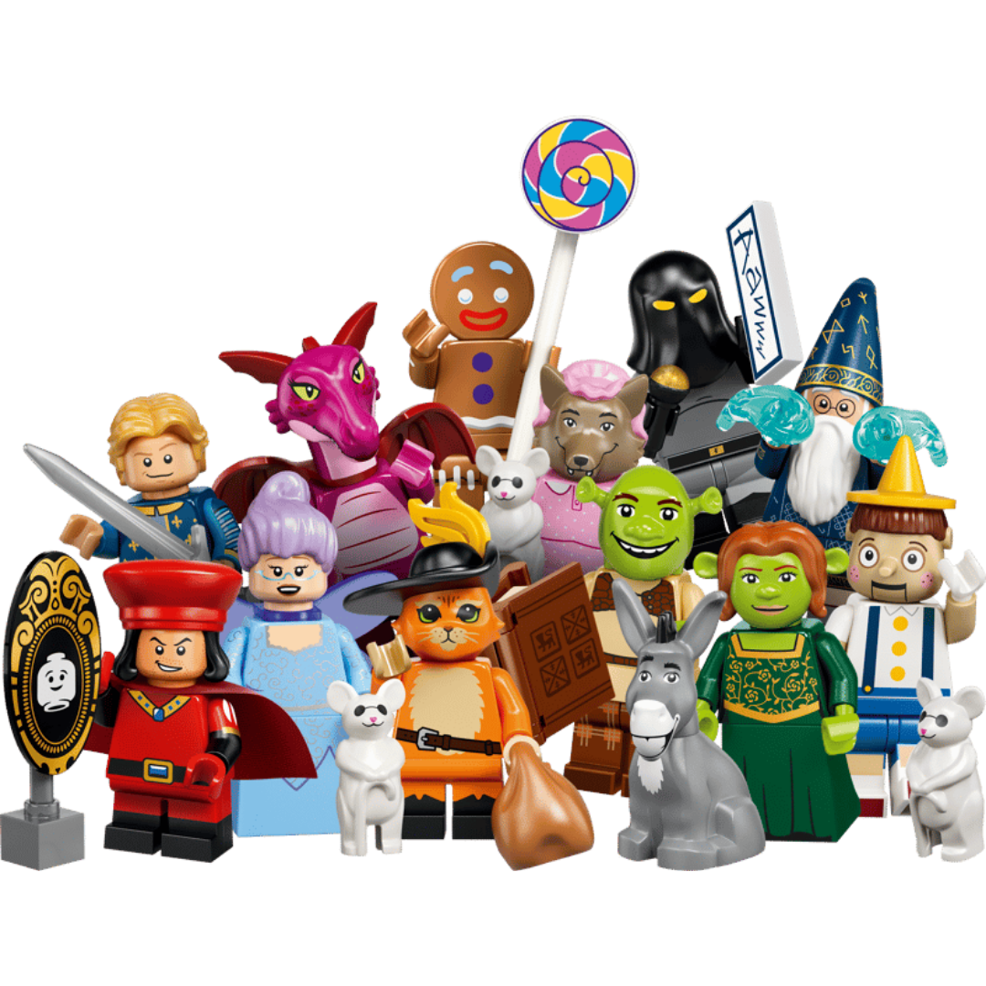 LEGO Shrek Series 71053 package with the complete collection of 12 minifigures and themed accessories