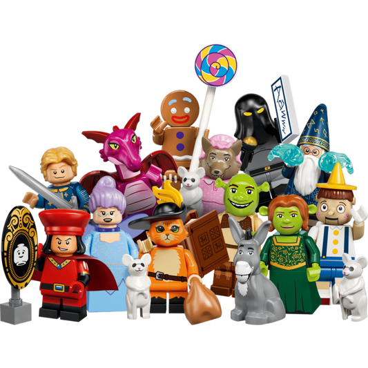 LEGO Shrek Series 71053 package with the complete collection of 12 minifigures and themed accessories
