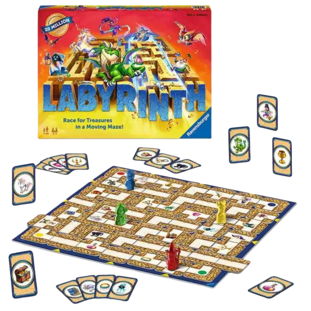 Labyrinth game contents with maze board, tiles, treasure cards, playing pieces, and instructions.
