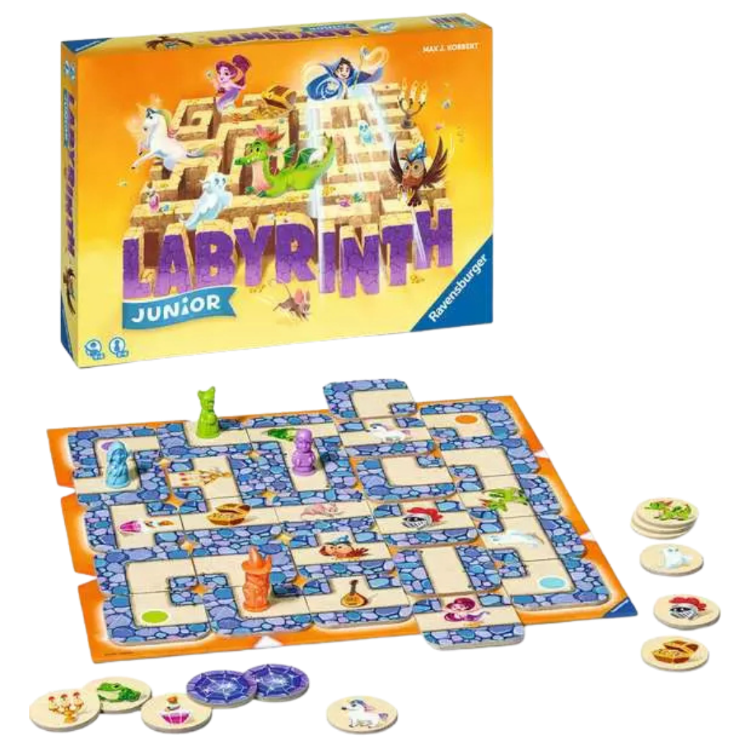 Labyrinth Junior contents with game board, maze tiles, treasure tokens, and playing pieces.