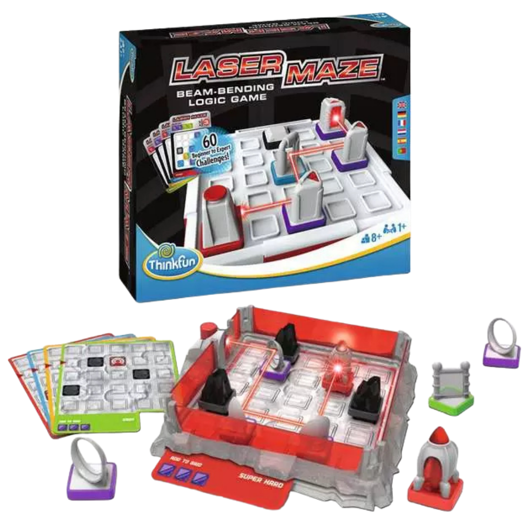 Laser Maze contents with game grid, challenge cards, mirrors, targets, laser, and obstacle tokens.