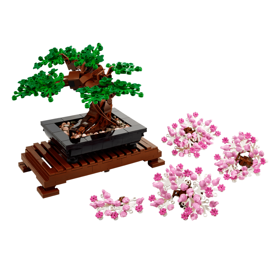 Lego Bonsai Tree 10281 botanical display set with interchangeable green leaves and pink cherry blossom branches