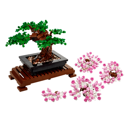Lego Bonsai Tree 10281 botanical display set with interchangeable green leaves and pink cherry blossom branches
