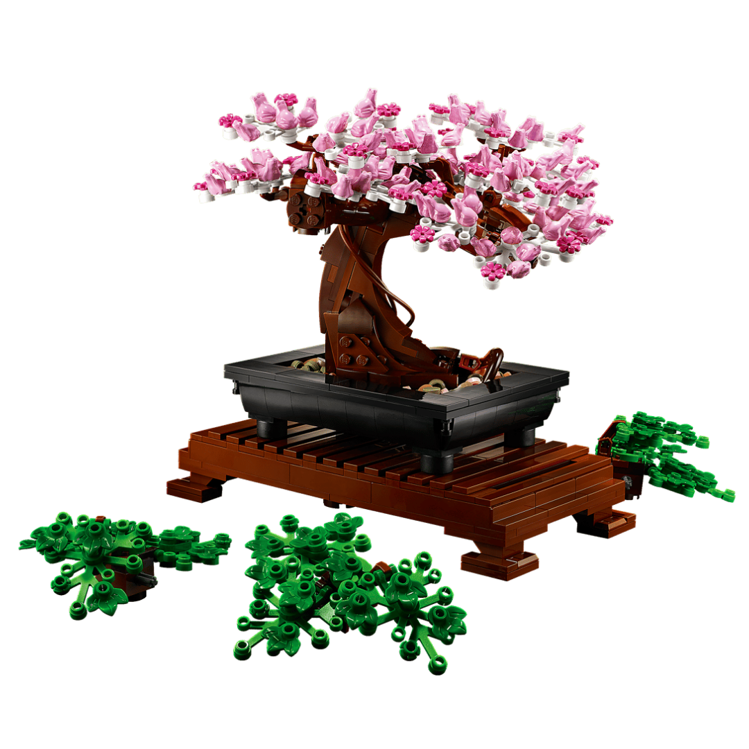 Lego Bonsai Tree 10281 botanical display set with interchangeable green leaves and pink cherry blossom branches