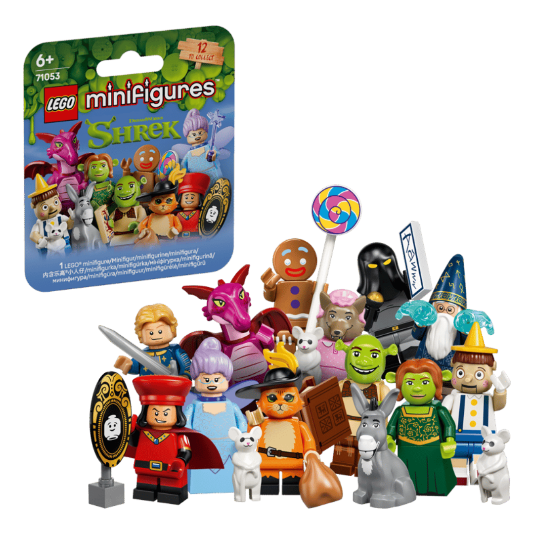 LEGO Shrek Series 71053 mystery box with the 12 collectible minifigure designs and themed accessories