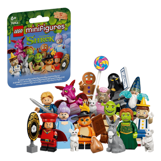 LEGO Shrek Series 71053 mystery box with the 12 collectible minifigure designs and themed accessories