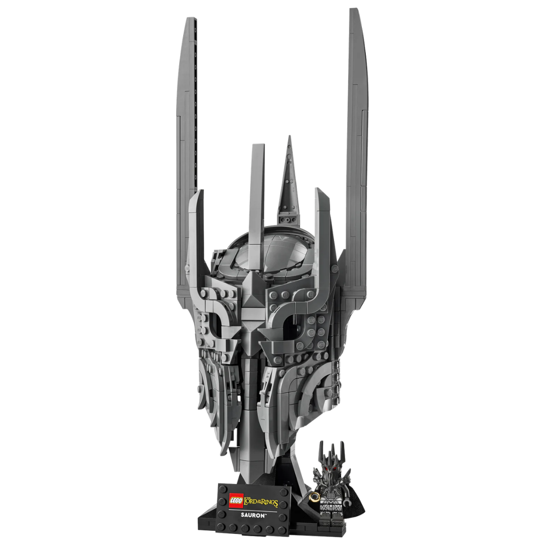 Lego Lord of the Rings Sauron's Helmet 11373 display model with Sauron minifigure and stand