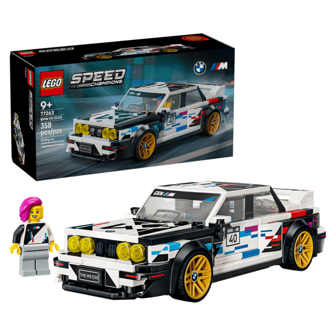 Lego BMW M3 E30 77263 retail box beside the completed Speed Champions car and driver minifigure