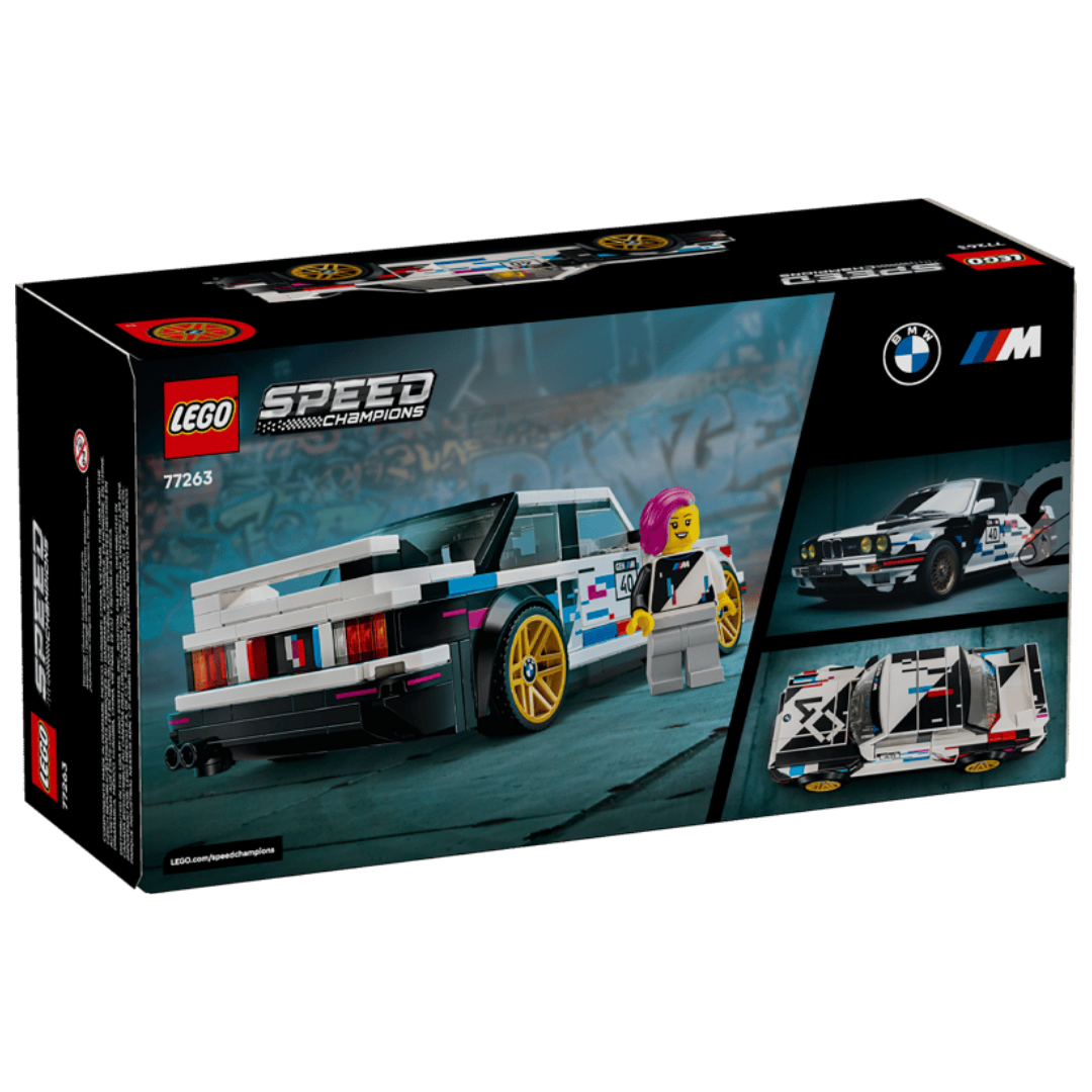 Back of Lego BMW M3 E30 77263 box showing the rear spoiler, dual exhausts, racing graphics, and driver minifigure