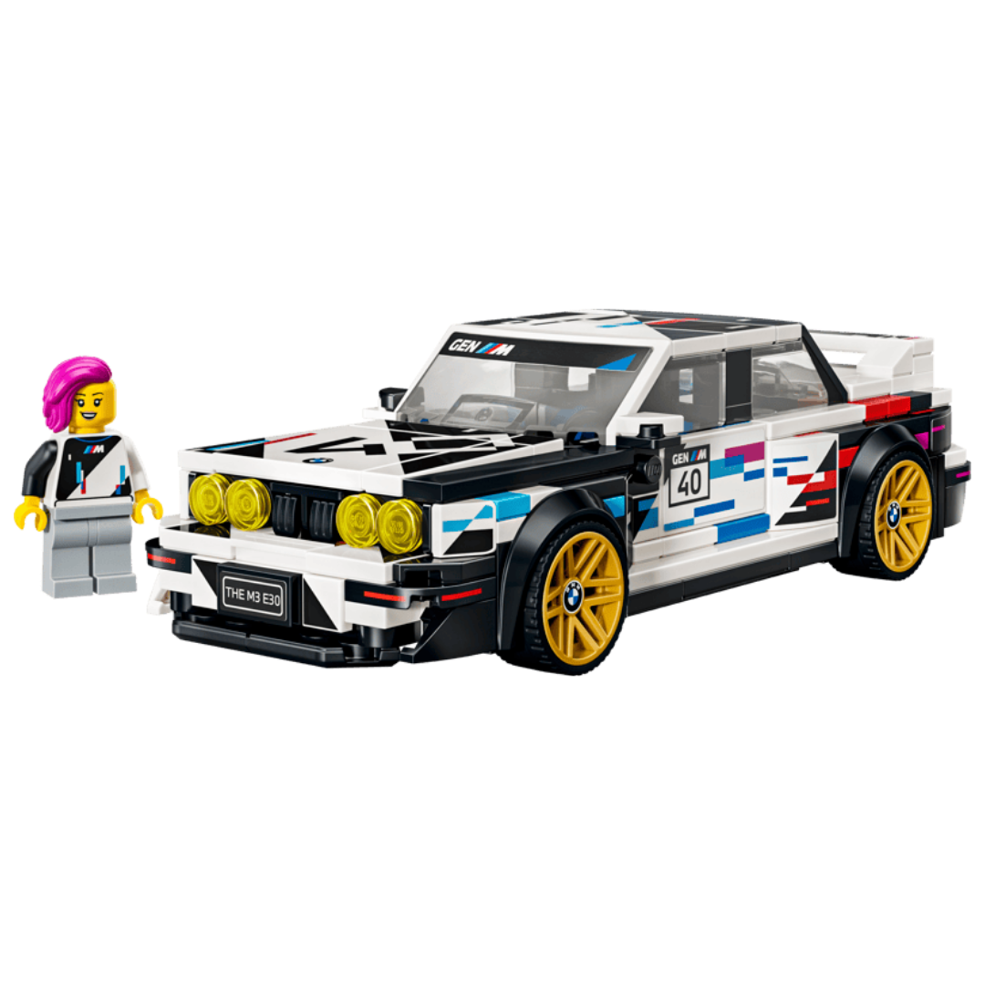 Lego BMW M3 E30 77263 front view with motorsport graphics, gold wheels, yellow lights, and driver minifigure