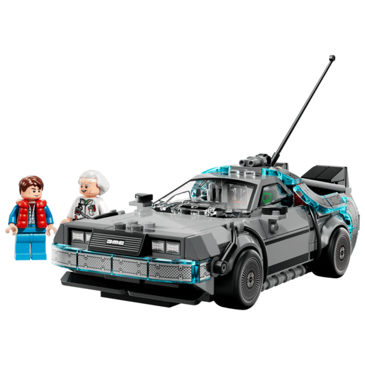 Lego Back to the Future Time Machine 77256 front three quarter view with Marty McFly and Doc Brown minifigures
