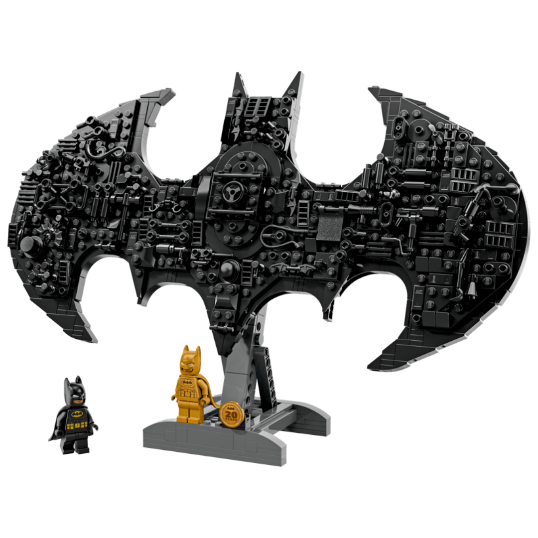 Lego Batman Logo 76330 brick built bat symbol display with Batman and Anniversary Batman minifigures